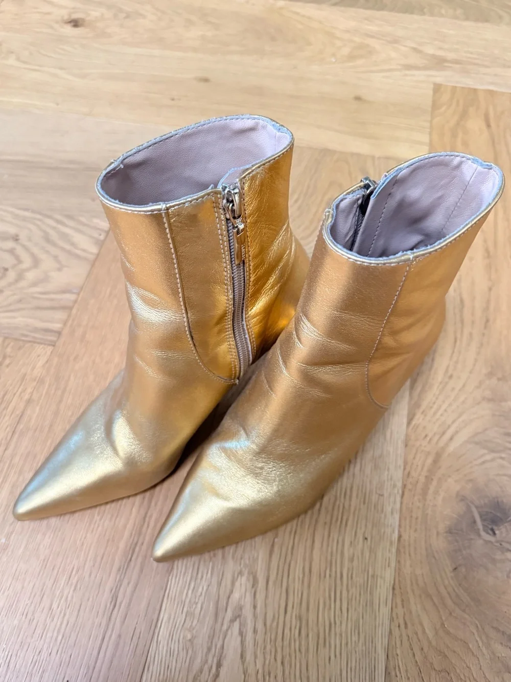 Schutz Metallic Gold Ankle Boots with Side Zip